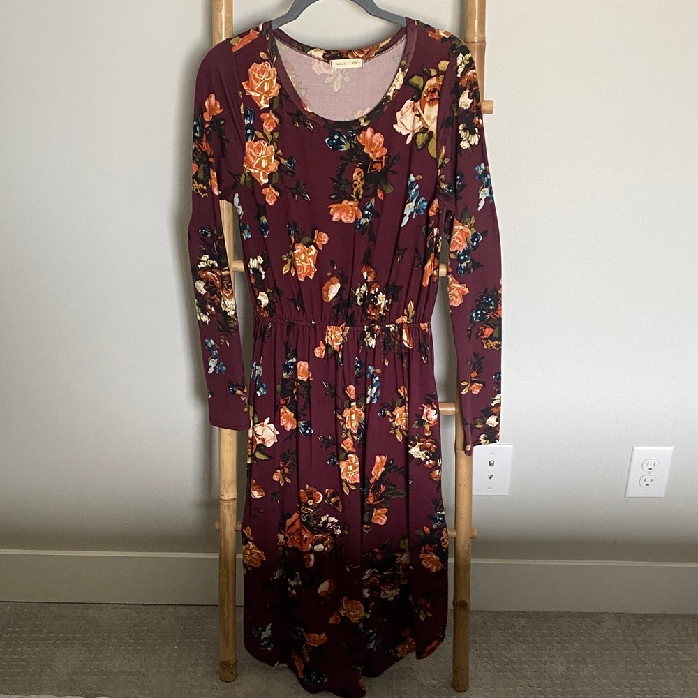 Floral Burgundy Long Sleeve Dress